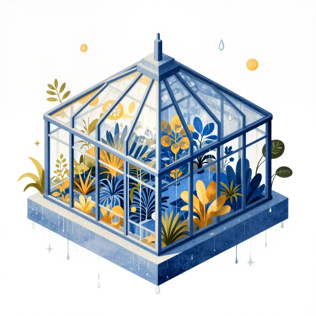 a floating botanical conservatory after warm summer rain, contemporary botanical illustration, careful geometric composi