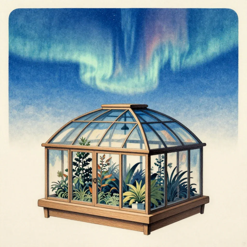 a floating botanical conservatory beneath an aurora, Japanese woodblock-inspired editorial art, clean natural textures,
