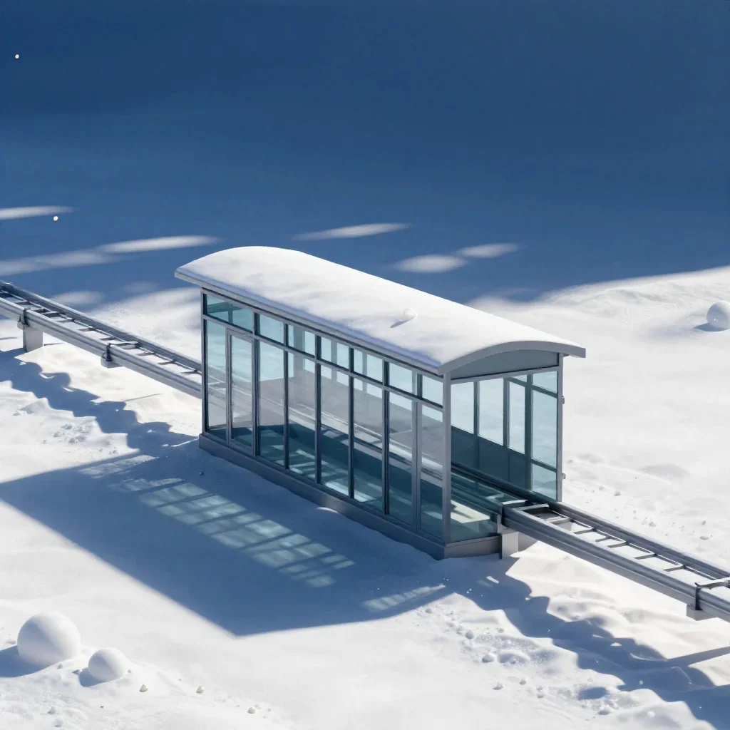 a glass monorail station in crisp winter sunlight, minimal geometric 3D art, clean natural textures, indigo and pearl palette, family-safe, no text, no logo, no watermark