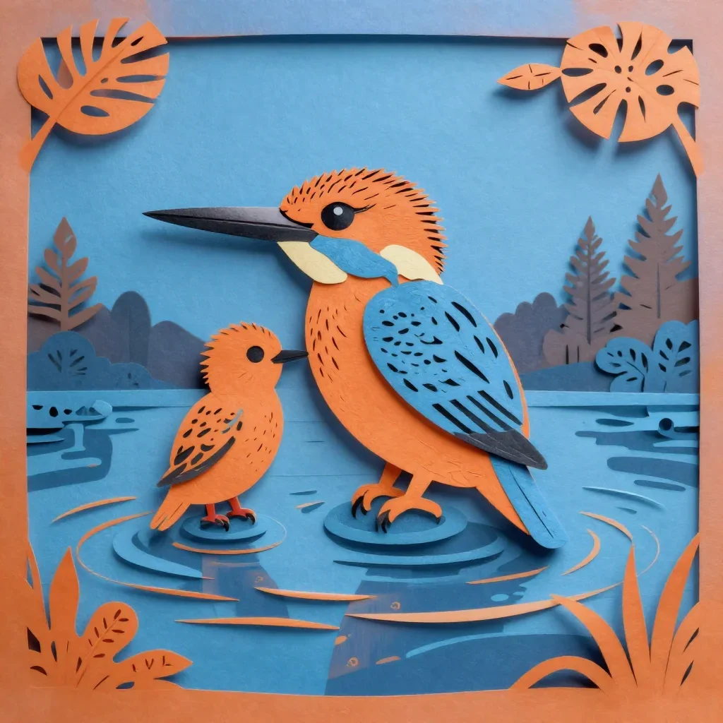a kingfisher above clear water at blue hour, intricate paper-cut illustration, shallow depth of field, ochre and ultrama