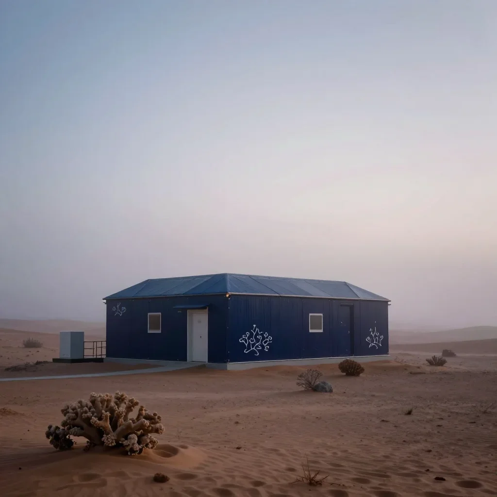 a desert research station under soft dawn fog, cinematic architectural photography, clean natural textures, coral and mi