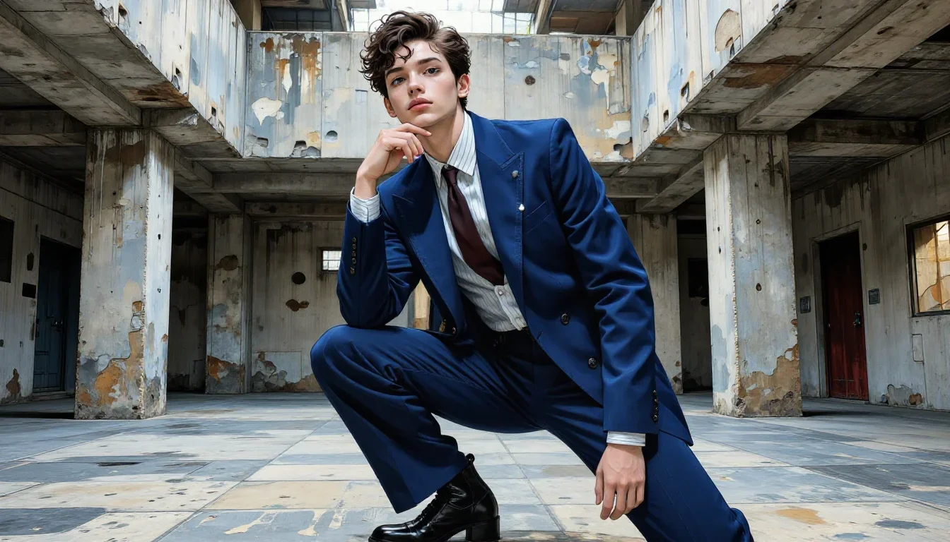 an androgynous model in a sharply tailored suit in a low lunge with a lifted chin, in a brutalist concrete atrium, Vogue