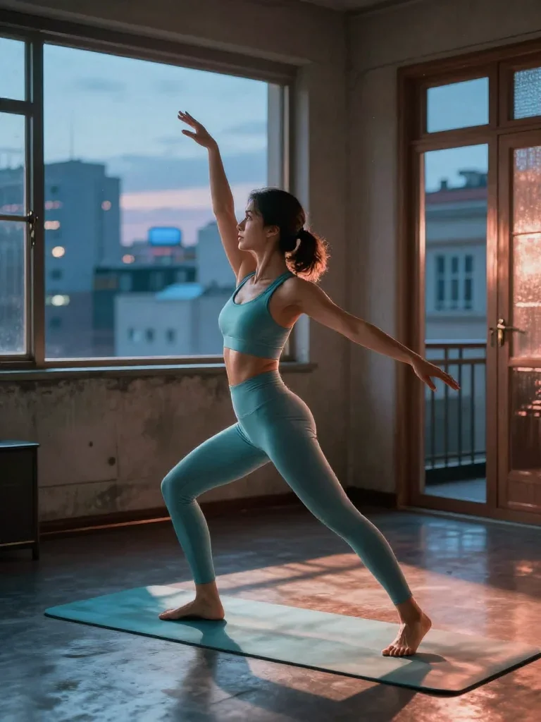a fitness creator stretching in a sunlit loft in a gentle reach toward the lens, in a blue-hour city apartment, Wong Kar