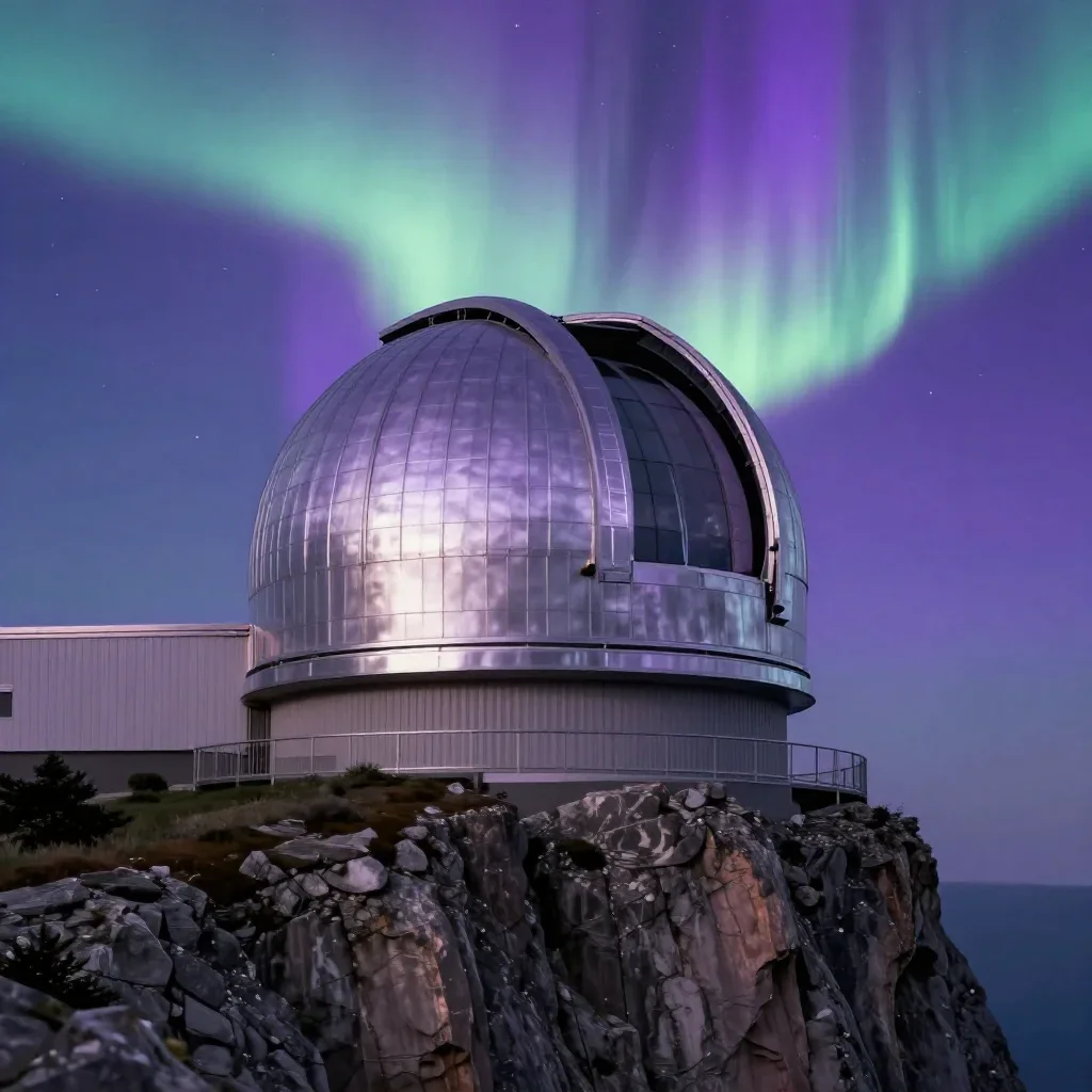a cliffside observatory beneath an aurora, cinematic architectural photography, careful geometric composition, lavender