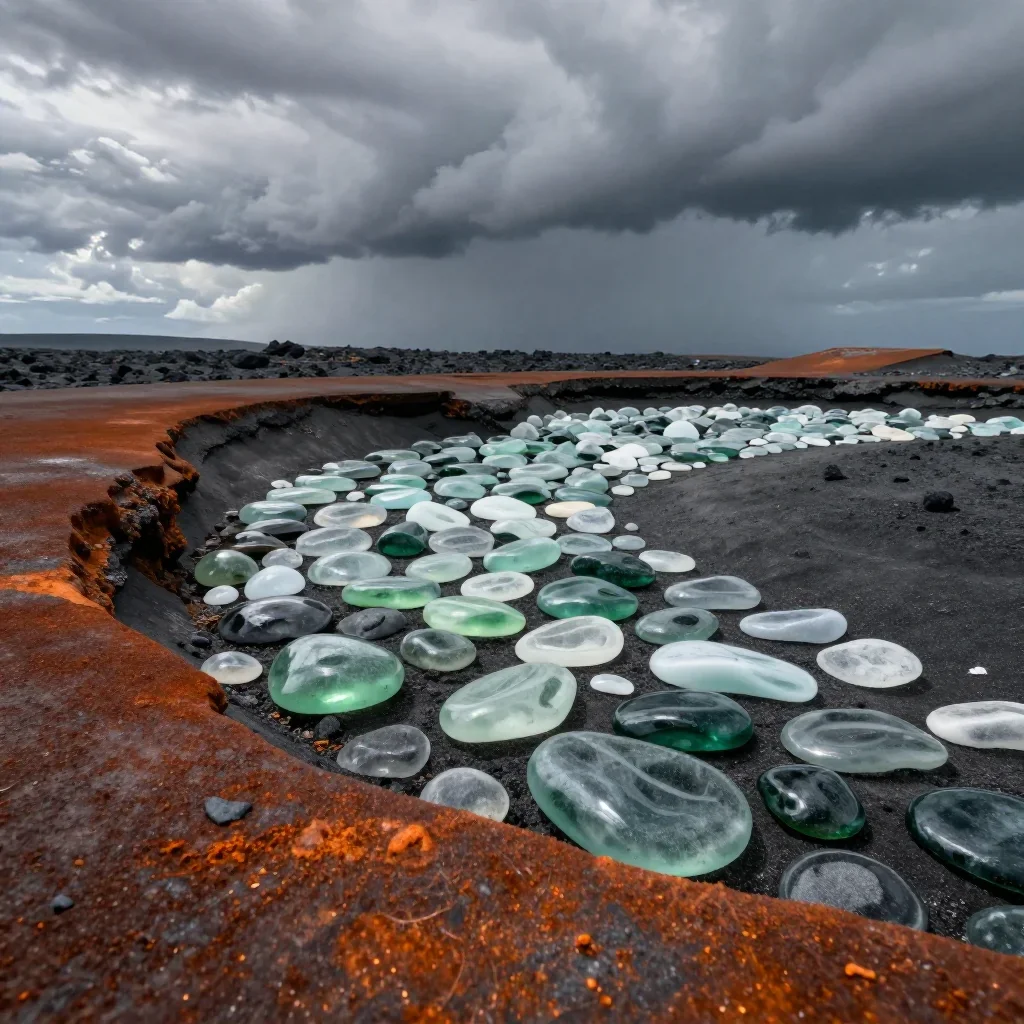 a volcanic beach of polished glass after a distant thunderstorm, refined editorial travel photography, layered foregroun