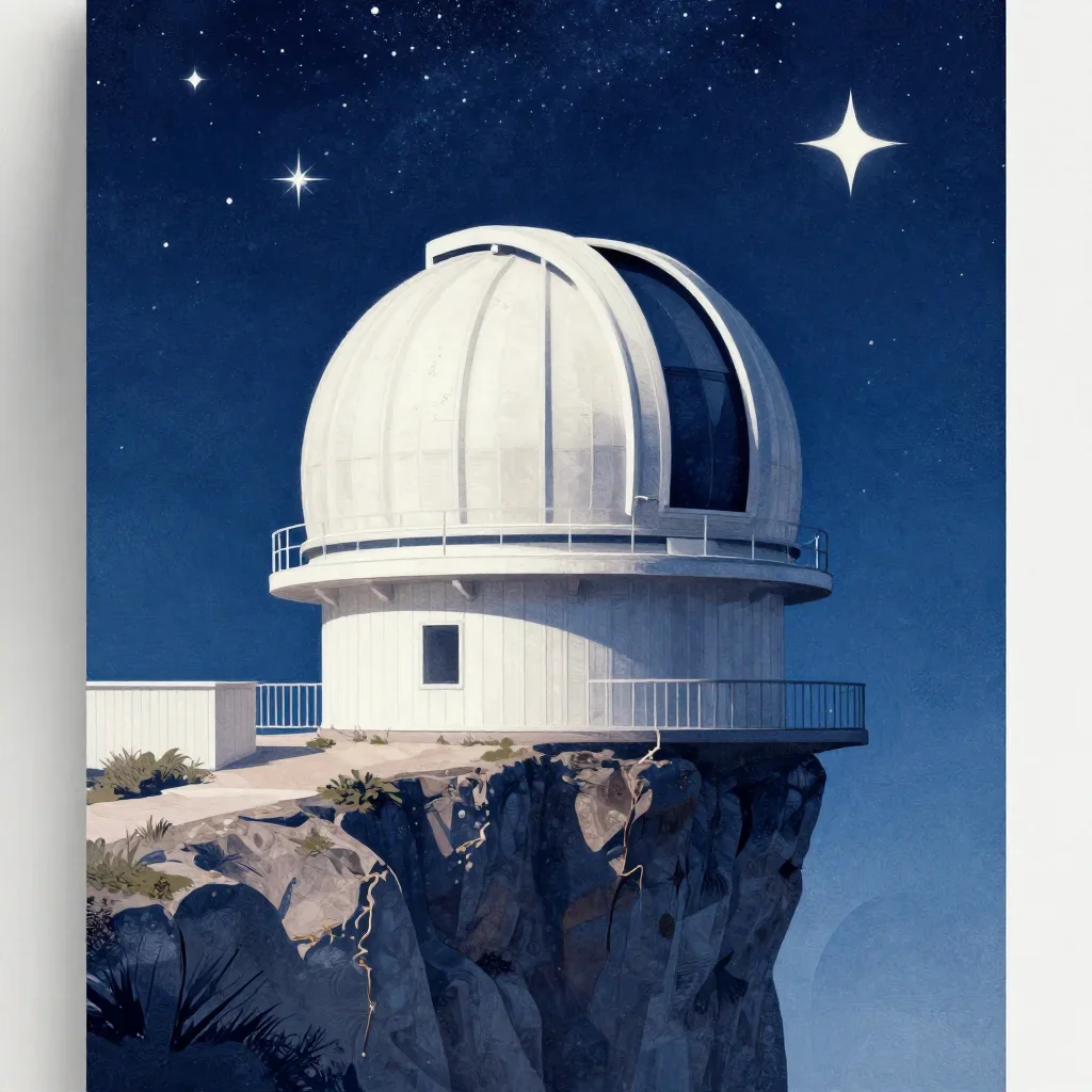 a cliffside observatory beneath a star-filled sky, modernist poster illustration, weathered tactile surfaces, indigo and pearl palette, no people, no text, no logo, no watermark