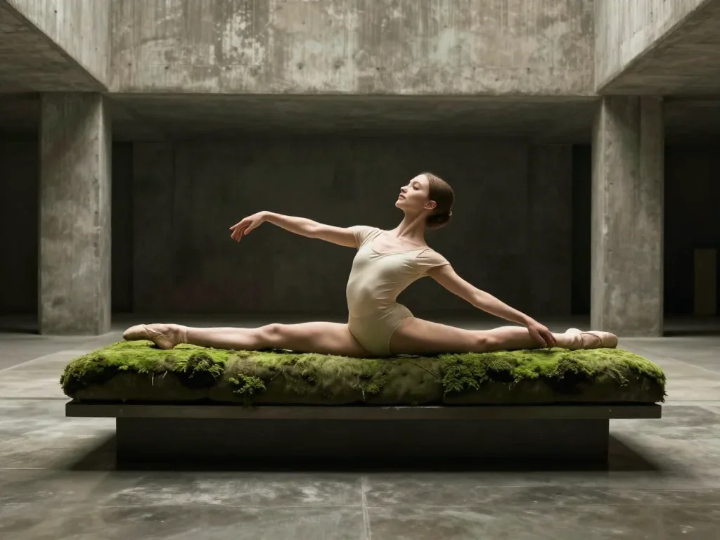 a ballet dancer in a bare-shoulder leotard, mid-extension reclining elegantly on a chaise, in a brutalist concrete atriu