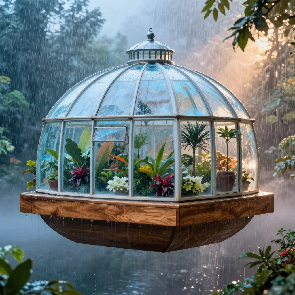 a floating botanical conservatory after warm summer rain, high-end design magazine photography, atmospheric depth, ice b