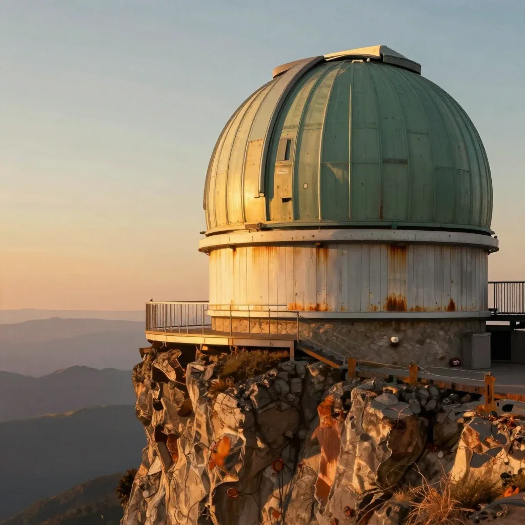 a cliffside observatory during golden hour, Japanese woodblock-inspired editorial art, crisp material detail, rust and s