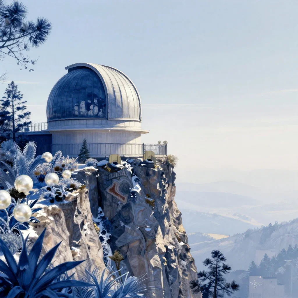 a cliffside observatory in crisp winter sunlight, contemporary botanical illustration, calm negative space, indigo and p