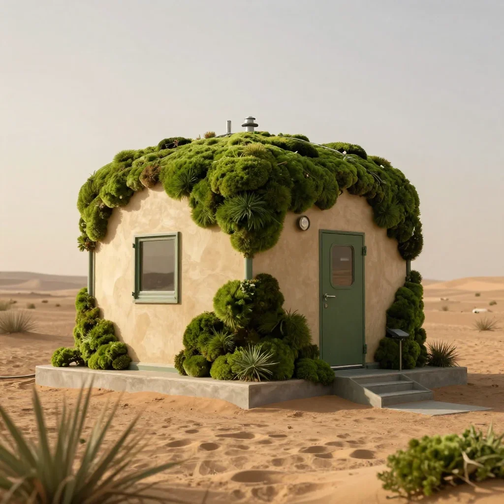 a desert research station in quiet late-afternoon haze, museum-quality still-life photography, atmospheric depth, moss g