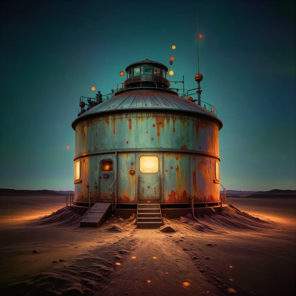 a desert research station at blue hour, refined editorial travel photography, restrained color harmony, rust and sage pa