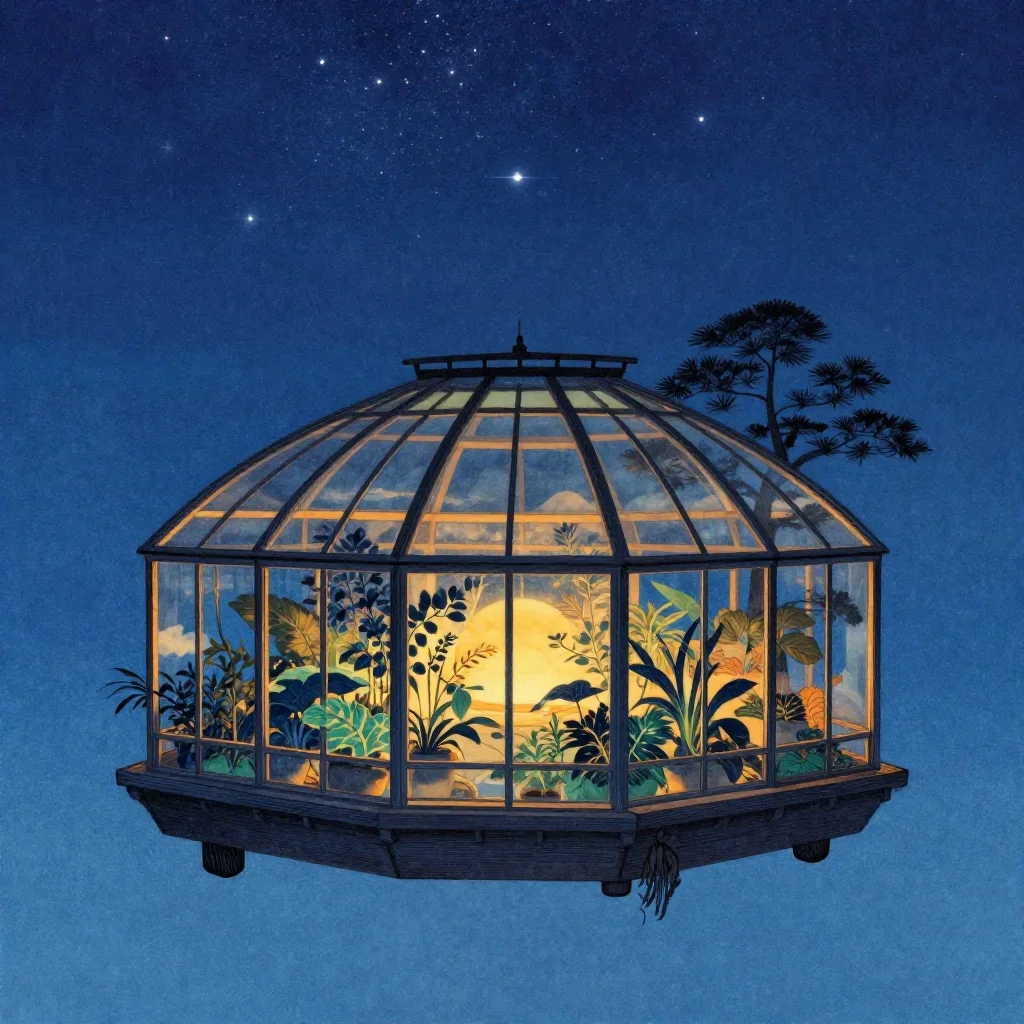 a floating botanical conservatory beneath a star-filled sky, Japanese woodblock-inspired editorial art, calm negative sp