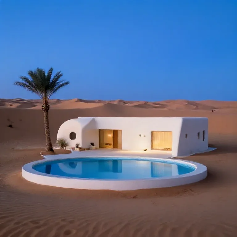 Minimal desert house with a circular pool and a single palm at blue hour, architectural photography, no text
