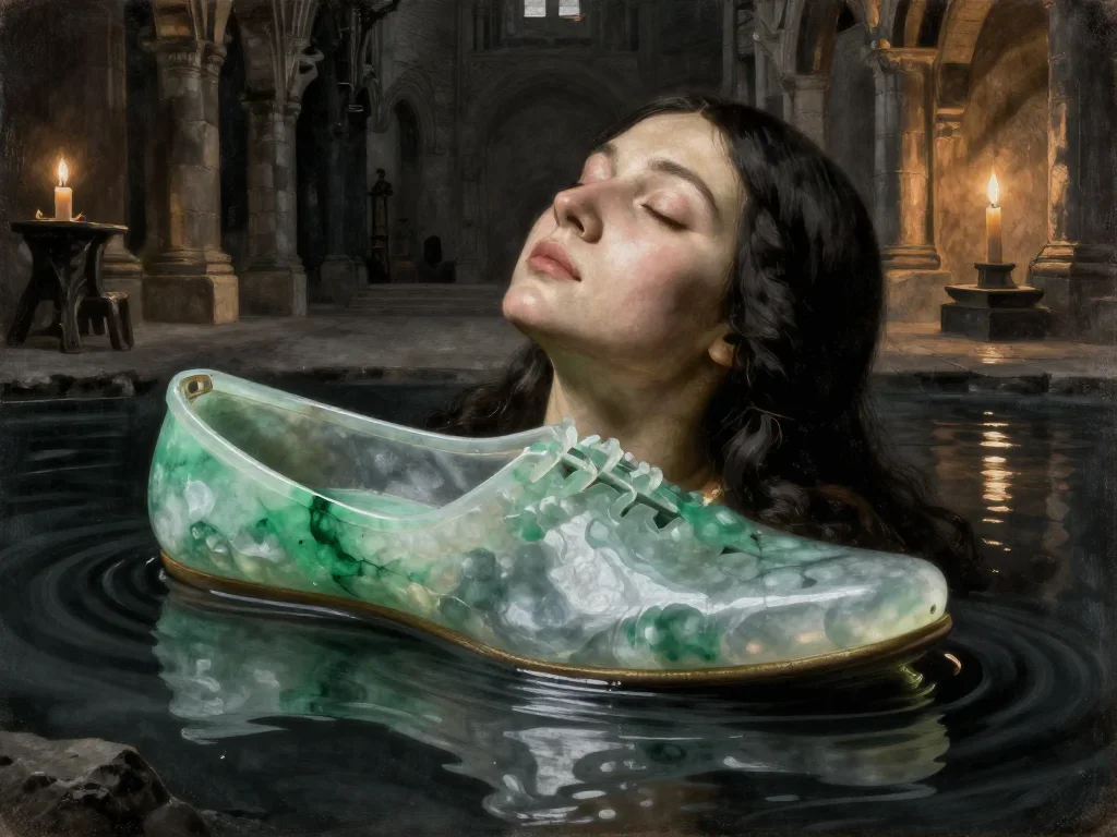 a siren at the waterline in a translucent slip in a deep breath with eyes closed, in a candle-lit cathedral ruin, Renais