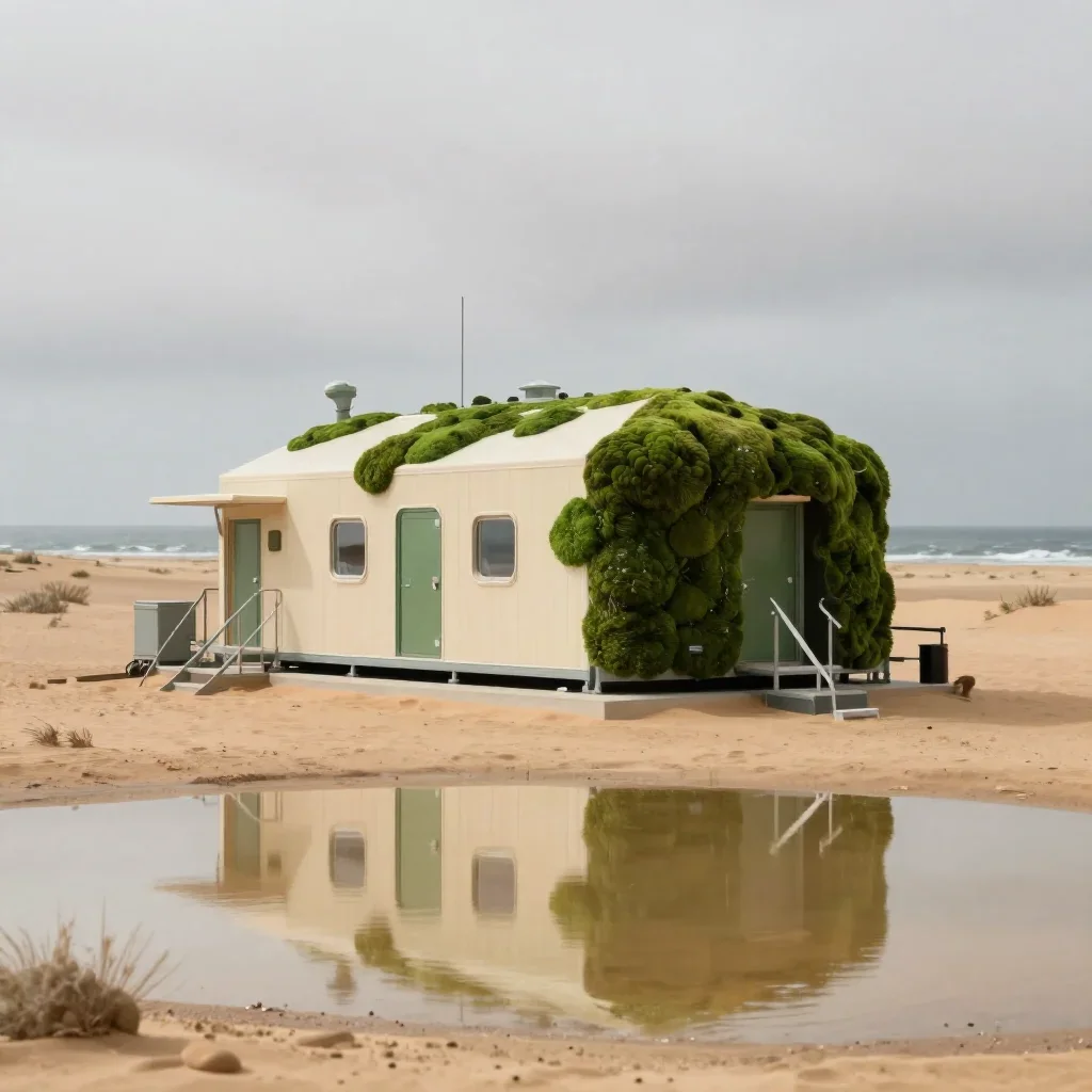 a desert research station under overcast coastal light, museum-quality still-life photography, gentle reflected light, m