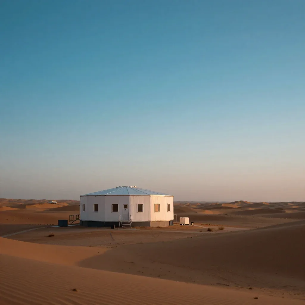 a desert research station at blue hour, dreamlike fine-art landscape photography, atmospheric depth, terracotta and pale
