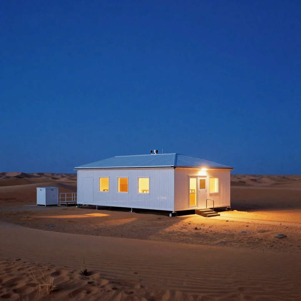a desert research station at blue hour, Japanese woodblock-inspired editorial art, clean natural textures, cobalt and am