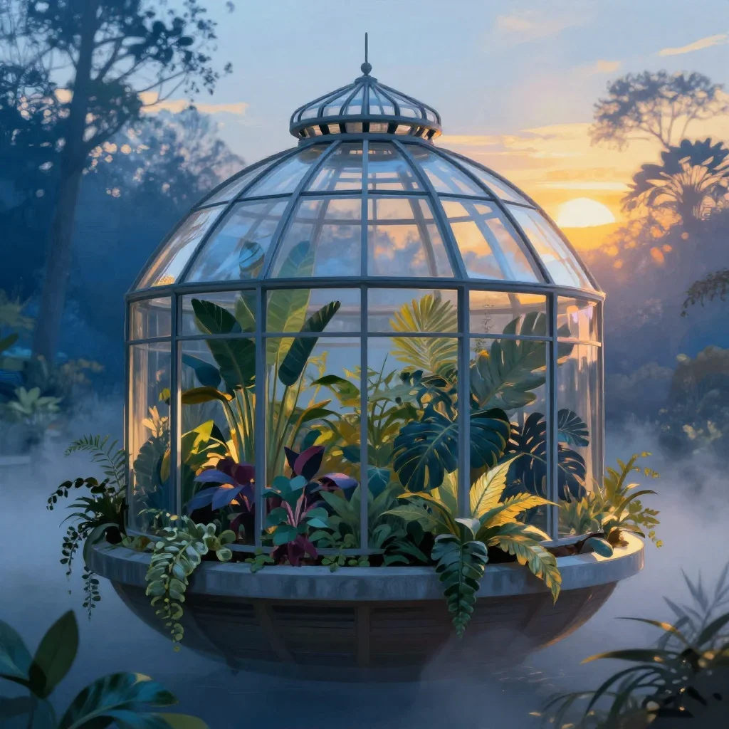 a floating botanical conservatory in quiet late-afternoon haze, contemporary botanical illustration, soft volumetric lig