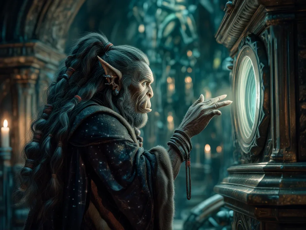 a sorceress in a star-lit midnight cloak in a gentle reach toward the lens, in a candle-lit cathedral ruin, dreamlike fa