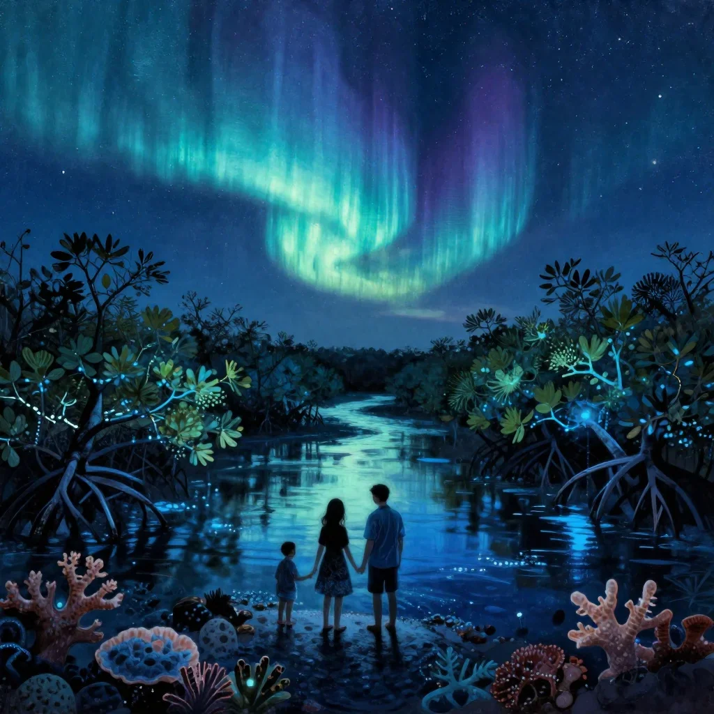 a bioluminescent mangrove lagoon beneath an aurora, luminous gouache painting, subtle film grain, coral and midnight blu