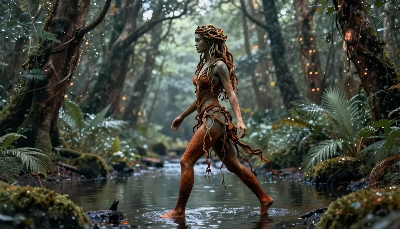 a dryad with vine-woven hair in a forest pool in a confident cinematic stride, in a dewy forest clearing, mythology-insp