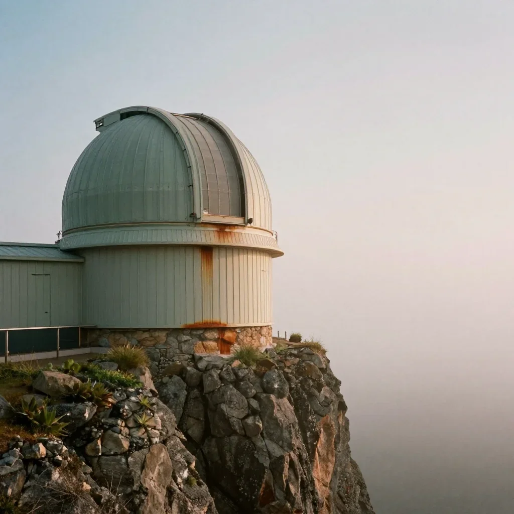 a cliffside observatory under soft dawn fog, cinematic architectural photography, subtle film grain, rust and sage palet