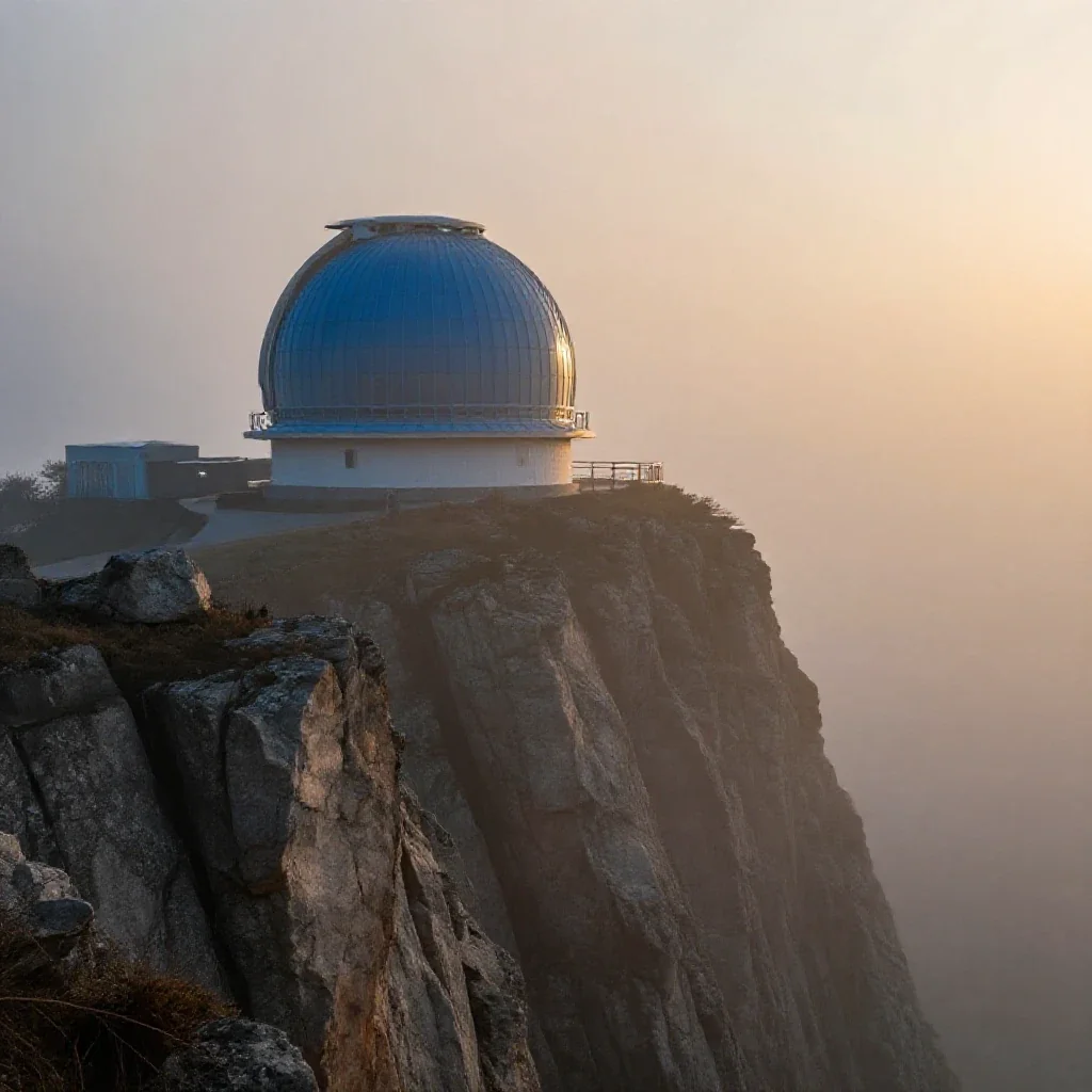a cliffside observatory in early spring mist, high-end design magazine photography, soft volumetric light, ochre and ult