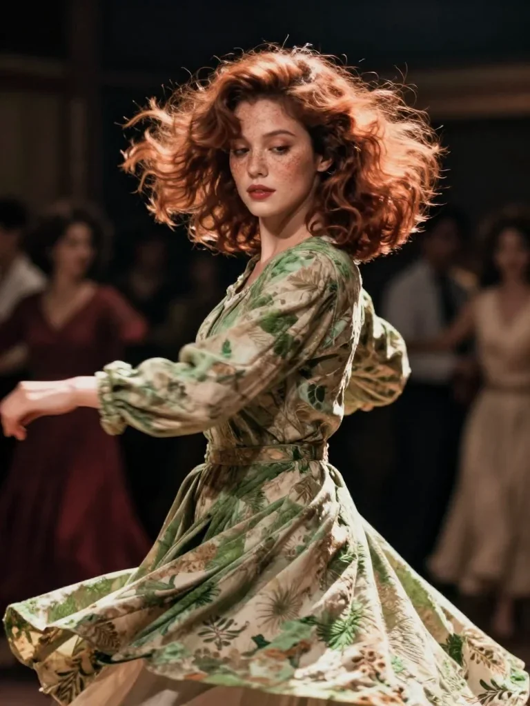 a muse with freckles and wind-tousled copper hair mid-turn with fabric catching the light, on a midnight dance floor, Wo