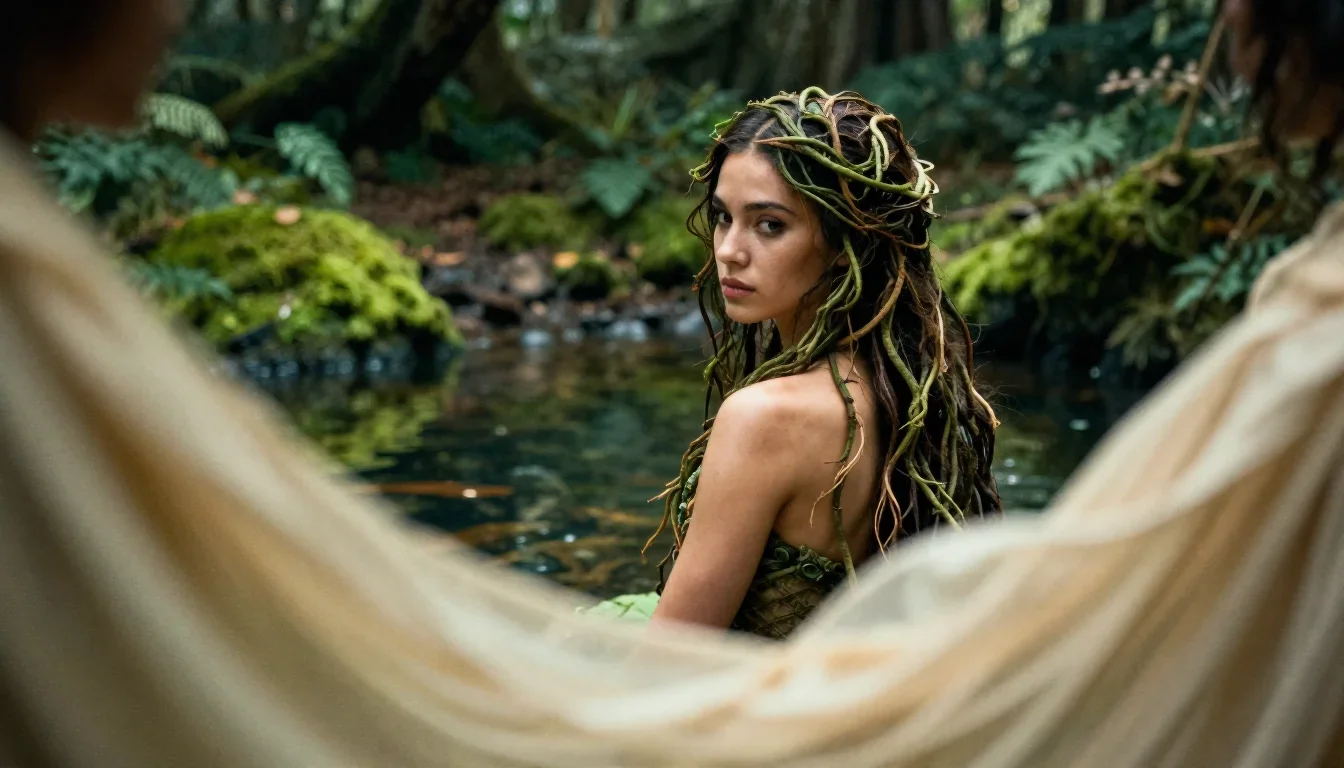 a dryad with vine-woven hair in a forest pool in an alluring over-the-shoulder glance, on a midnight dance floor, soft-g