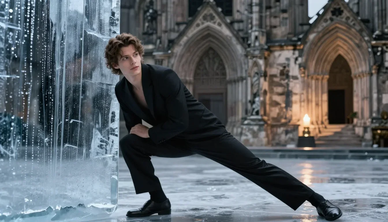 a lover leaning against rain-streaked glass in a low lunge with a lifted chin, in a candle-lit cathedral ruin, Vogue-sty