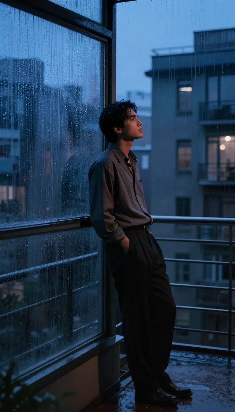 a lover leaning against rain-streaked glass standing tall with hands in pockets, in a blue-hour city apartment, Wong Kar