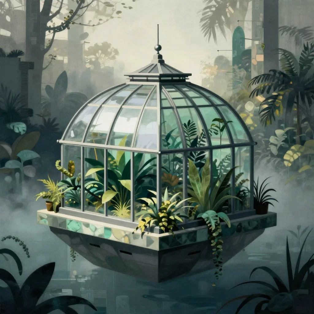 a floating botanical conservatory in quiet late-afternoon haze, modernist poster illustration, careful geometric composi