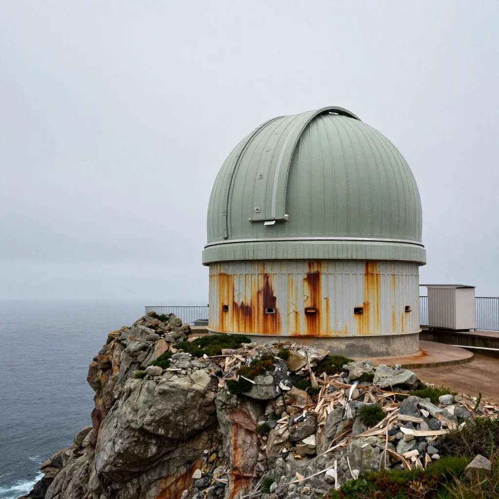 a cliffside observatory under overcast coastal light, museum-quality still-life photography, atmospheric depth, rust and
