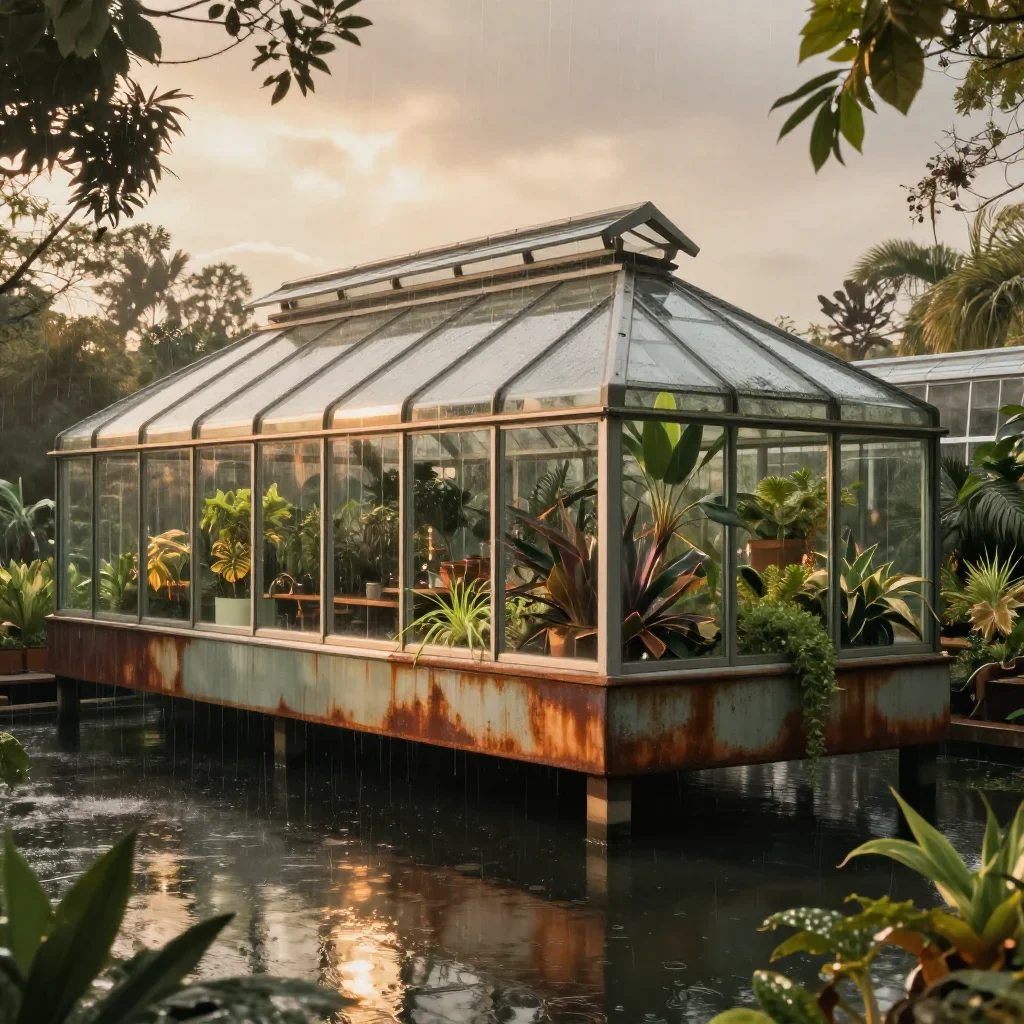 a floating botanical conservatory after warm summer rain, cinematic architectural photography, gentle reflected light, r