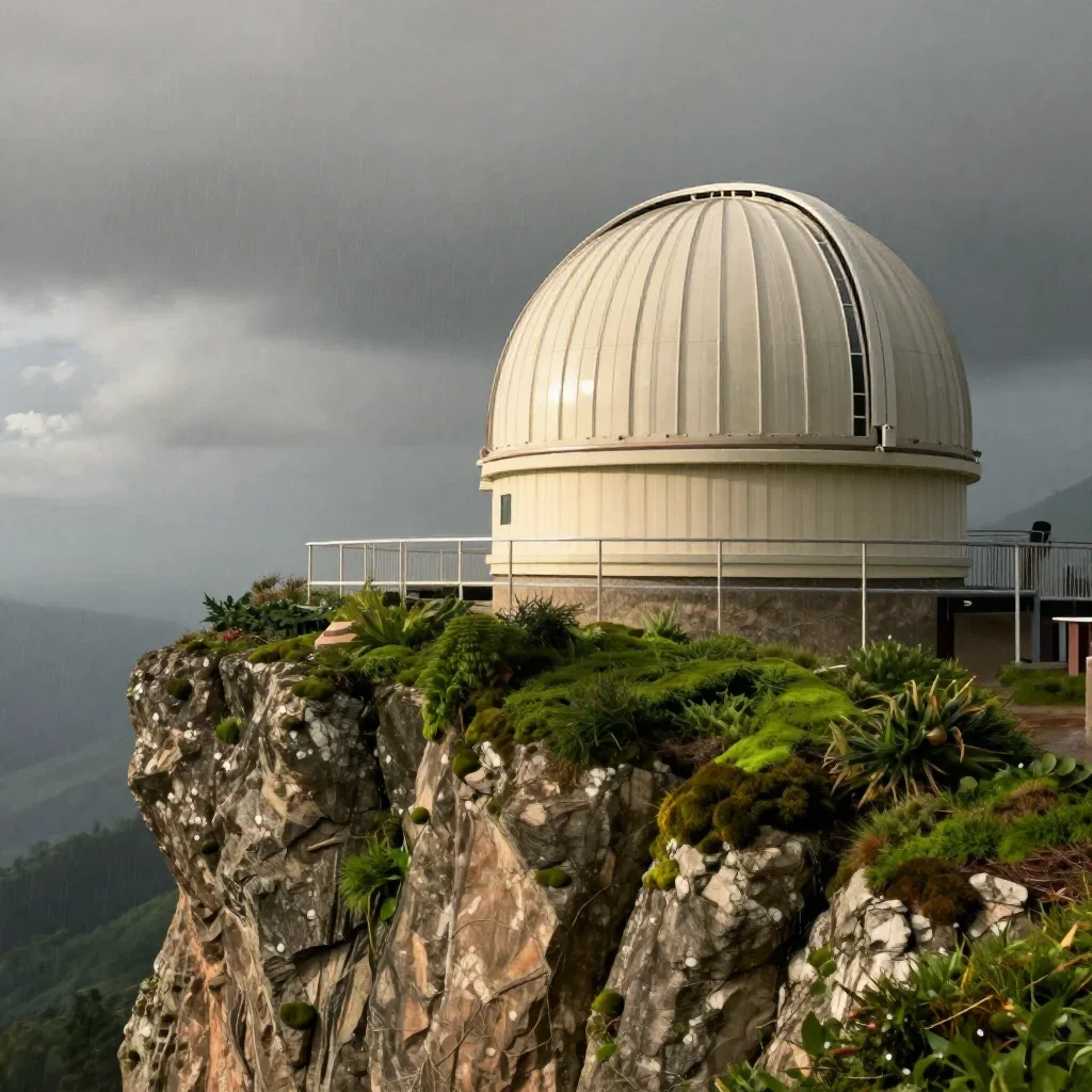 a cliffside observatory after warm summer rain, refined editorial travel photography, restrained color harmony, moss gre