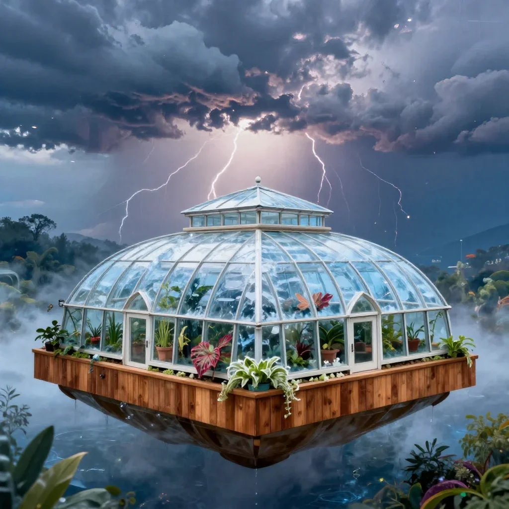 a floating botanical conservatory after a distant thunderstorm, dreamlike fine-art landscape photography, atmospheric de