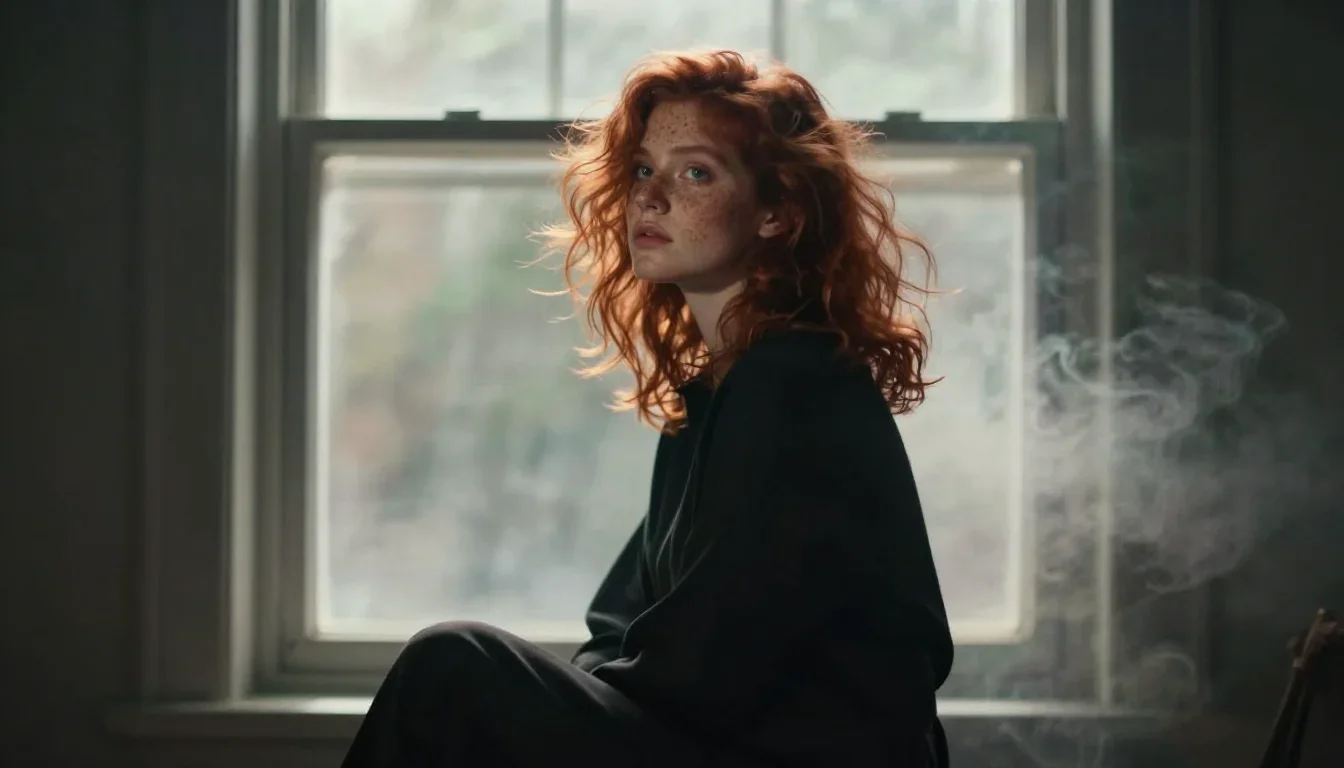 a muse with freckles and wind-tousled copper hair in a seated silhouette against a window, in a smoke-lit photo studio, 