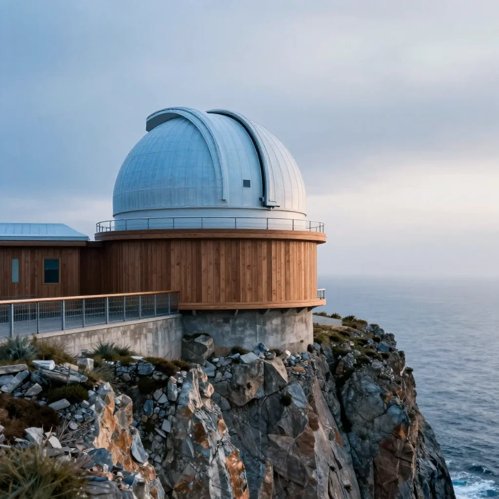 a cliffside observatory under overcast coastal light, cinematic architectural photography, soft volumetric light, ice bl