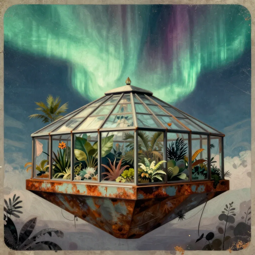 a floating botanical conservatory beneath an aurora, modernist poster illustration, weathered tactile surfaces, rust and