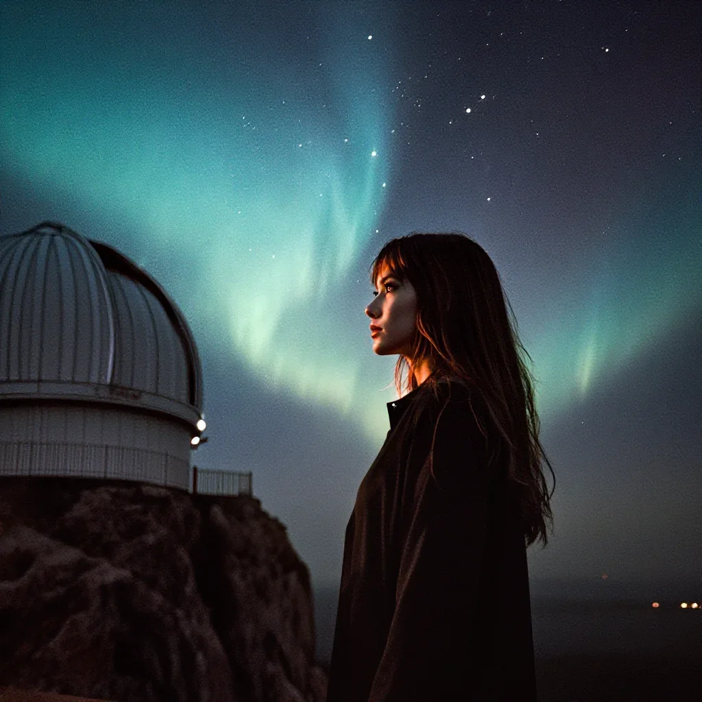 a cliffside observatory beneath an aurora, soft-grain analog film photography, subtle film grain, cobalt and amber palet