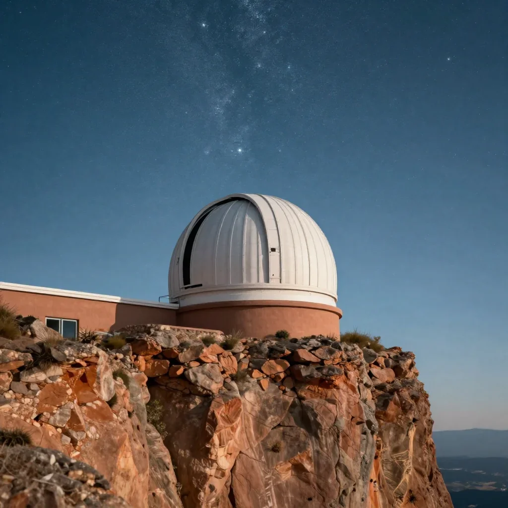 a cliffside observatory beneath a star-filled sky, high-end design magazine photography, atmospheric depth, terracotta a