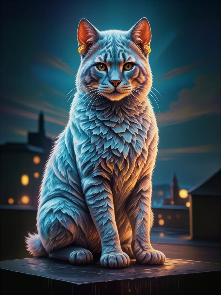 a feline-featured model with gold ear cuffs in a graceful contrapposto pose, on a neon-lit rooftop at midnight, Vogue-st