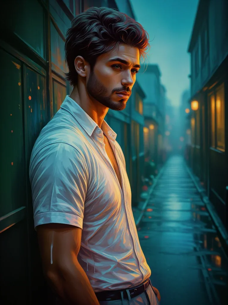 a handsome man in a rolled-sleeve white shirt in a wind-swept lean against a wall, in a rain-slick neon alley, bold Helm