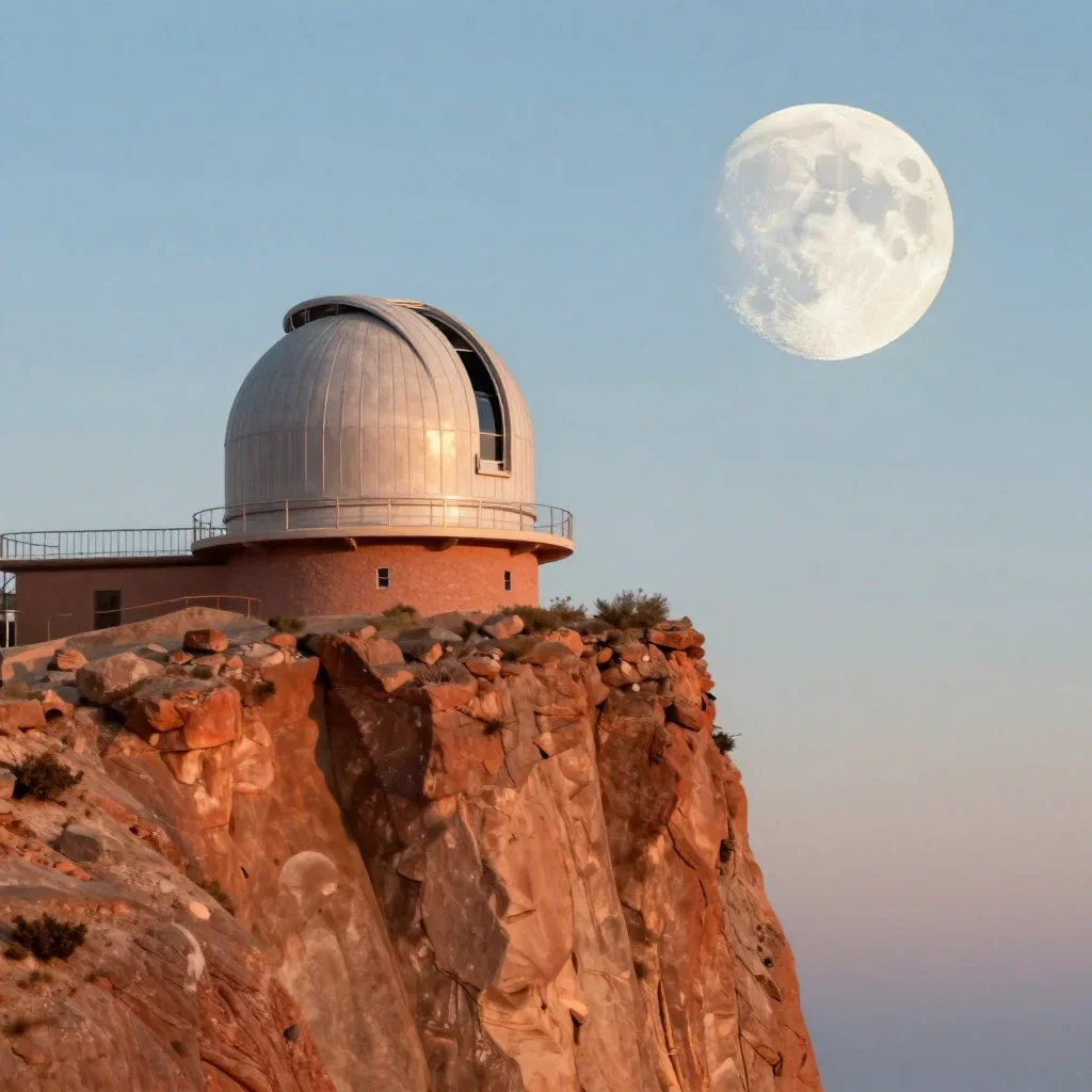 a cliffside observatory at moonrise, modernist poster illustration, crisp material detail, terracotta and pale sky blue