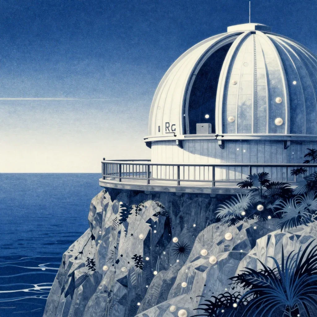a cliffside observatory in a gentle sea breeze, Japanese woodblock-inspired editorial art, careful geometric composition