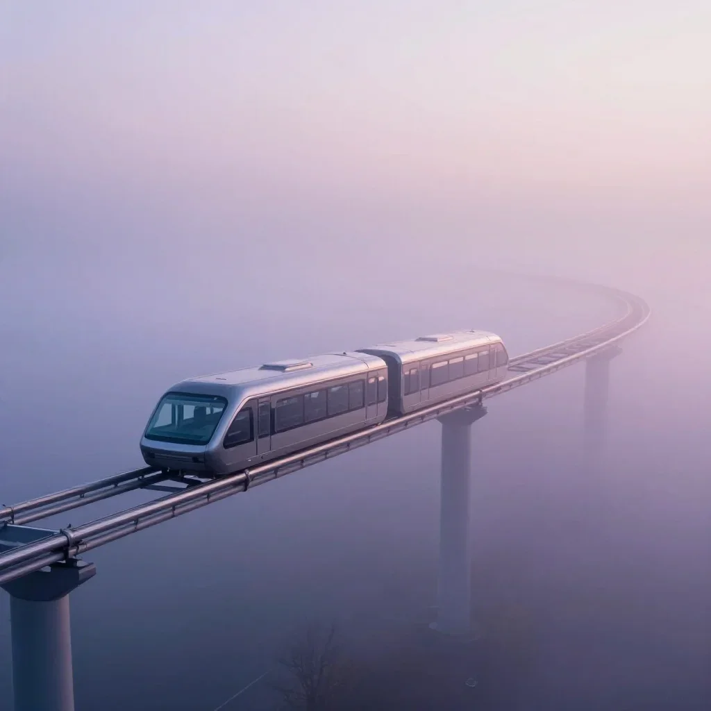 a glass monorail under soft dawn fog, quiet science-fiction concept art, careful geometric composition, lavender and sil