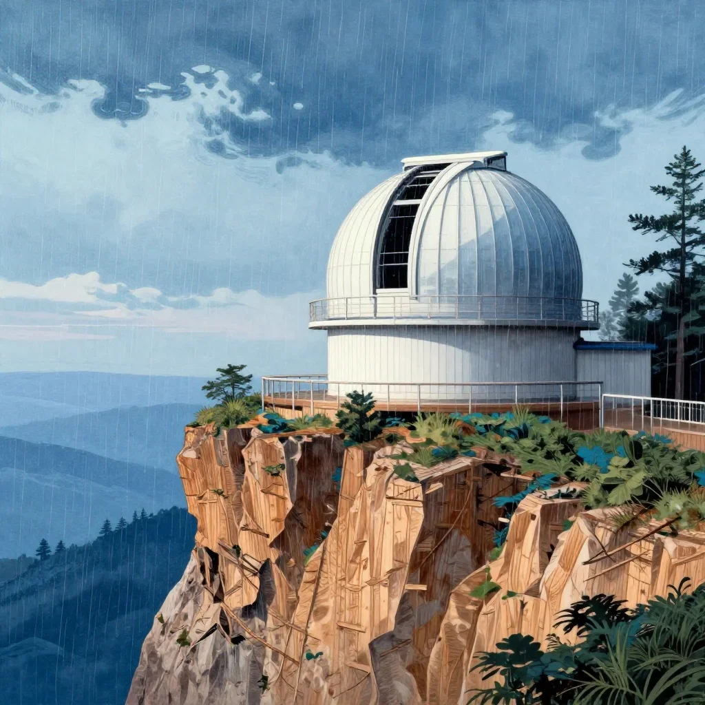 a cliffside observatory after warm summer rain, Japanese woodblock-inspired editorial art, clean natural textures, ice b