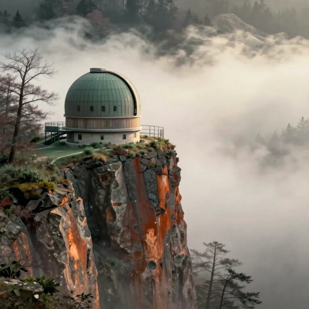 a cliffside observatory in early spring mist, Japanese woodblock-inspired editorial art, gentle reflected light, rust an