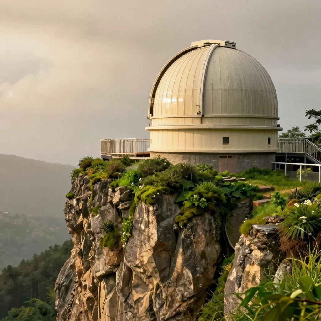 a cliffside observatory after warm summer rain, refined editorial travel photography, gentle reflected light, moss green